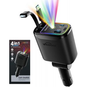 Chargeur De Voiture R&eacute;tractable 4 En 1 Avec Led Ciel &Eacute;toil&eacute;, 66 W, Chargeur De Voiture Rapide Allume-Cigare Usb-C/Usb-A, 2 C&acirc;bles De Charge Pour Iphone, Samsung Galaxy, Google Pixel, Tablettes - Neuf