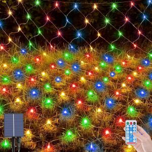 TIANYI-96 LEDs Solaire Filet Lumineux Ext&eacute;rieur, 1.5 x 1.5 M Etanche Guirlande Lumineuse de Filet avec 8 Modes, T&eacute;l&eacute;commande, Maille Lumineuse pour No&euml;l Buissons Cl&ocirc;ture Jardins Patio - Neuf