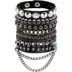 Kal-1-4pcs Bracelet Punk Clout&eacute; Bracelet Large En Cuir De Motard Rock N' Roll Pour Hommes Et Femmes - Neuf