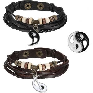 KAL-Lot De 2 Bracelets En Cuir Marron Vintage Yin Yang Taichi Avec Pendentif Puzzle En Forme De C?ur Tressé À La Main Réglable, 22 Centimeters, Cuir - Neuf