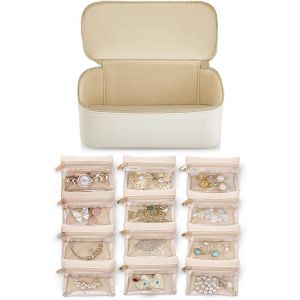 Organiseur De Bijoux De Voyage, Boîte À Bijoux En Cuir Synthétique Avec 12 Pochettes À Bijoux En Velours, Étui À Bijoux Pour Collier, Bague, Cadeaux Pour Femme, Blanc, L - Neuf
