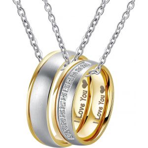 Trahoo-Collier Couple Pour 2, I Love You Gravure Bague Avec Pendentif Or Avec Chaîne De Métal Cadeau Pour La Saint-Valentin - Neuf