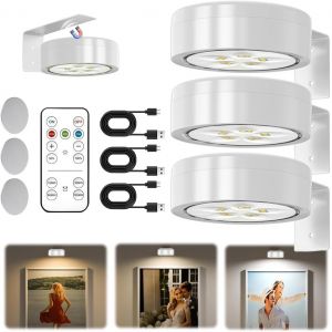 Ersan-3 Pcs Lampe Tableau Télécommandé Magnétique, Eclairage Tableau Led Sans Fil Rechargeable, 3 Couleurs Et Fonction De Minuterie, Applique Murale Pour Tableau Sans Fil, Pour Cuisine, Armoire (Blan - Neuf