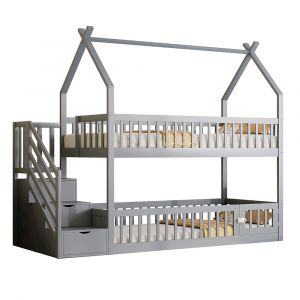 Lit Superposé Enfant 90x200cm Bois Avec Toit/Tiroirs - Gris - Neuf