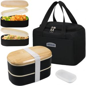 Jexnovashop-Bento Lunch Box 1500ml Double Couche, Bo&icirc;te Repas Anti-Fuite Avec Couverts + Sac Isotherme, Pour Pique-Nique, Travail, &Eacute;cole (Micro-Ondes/Lave-Vaisselle) - Neuf