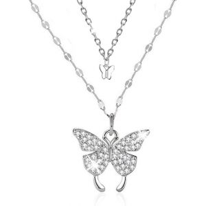 Collier Pour Femme Argent Sterling 925,Papillon Pendentif Collier Double Couche En Argent,Collier Argent 925 Femme,Collier Argent Femme Cadeaux Anniversaire,Pour Femme Fille - Neuf