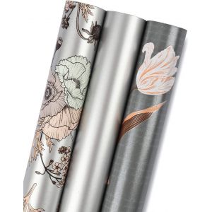 Rouleau De Papier D'emballage Cadeau-Mini Rouleau-3 Motifs Floraux Argent&eacute;s Diff&eacute;rents (42,5 Pieds Carr&eacute;s)-43,2 Cm X 3,05 M Par Rouleau - Neuf