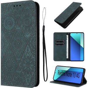 KAL-&Eacute;tui Pour Xiaomi Redmi Note 13 4G 6.67 Pouces Cuir Artificiel Coque Redmi Note 13 4G Avec Fente Pour Carte Coque Redmi Note 13 Motif De Fleurs B&eacute;quille Housse Vert - Neuf