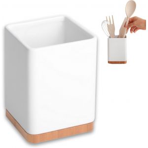 Pot Ustensiles Cuisine-Porte Ustensiles De Cuisine En Céramique Et Bambou-Cuisine Accessoires Pour Le Rangement Ustensiles Cuisine-Blanc Brillant-10,5 X 10,5 X 15 Cm - Neuf