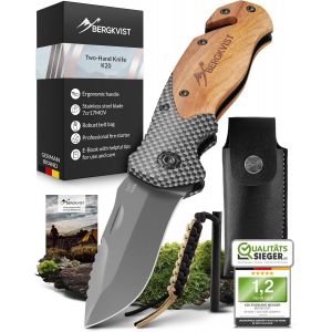 K20 Couteau Pliant (Ambidextre)-Couteau En Bois Et Titane Pour L'extérieur Et La Survie-Couteau De Survie 3-En-1 Avec Brise-Vitre Et Coupe-Ceinture - Neuf