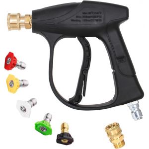 Pistolet Court pour Nettoyeur Haute Pression, 4350 PSI Puissance Elevee, avec Connecteur Rapide 3/8 et Adaptateur M22-14mm, 5 Buses pour Lavage Auto, Performance Robuste - Neuf