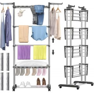 Ulteronixshop-S&eacute;choir &agrave; Linge &eacute;tendoir Pliable 5 Niveaux, Hauteur R&eacute;glable Etendoir Linge, avec 8 Ailes Pliables et 4 Pinces &agrave; Chaussettes, en Acier Inoxydable, pour l'int&eacute;rieur et l'ext&eacute;rieur - Neuf