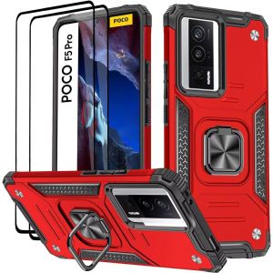 Kal-Coque Pour Xiaomi Poco F5 Pro 5g, Verre Trempé [2 Pièces] + Housse Tpu Silicone Rotation 360° Aimant Anneau Support Double Défense Protection Etui - Rouge - Neuf