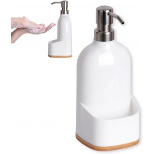 TIANYI-Distributeur de Liquide Vaisselle avec Porte-Éponge pour Cuisine - Distributeur de Savon Liquide pour Les Mains - Porte Savon Cuisine en Plastique - Blanc - 9.5X9.5X22 cm - Neuf