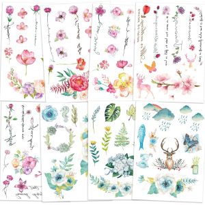 Fleurs Tatouages Temporaires Pour Femmes Filles Enfants,8 Feuilles &Eacute;tanche R&eacute;aliste Bras Fleur Rose Tatouage Autocollant Main Cou Poignet D&eacute;coration -Fleur Oiseau Cerf - Neuf