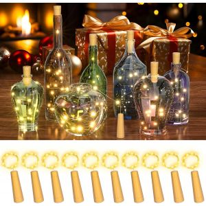 JGD-Lot de 10 guirlandes lumineuses &agrave; LED avec bouchon en li&egrave;ge, 2m 20 LED pour bouteille de vin, guirlande lumineuse &agrave; piles avec minuterie de 6 heures pour bouteilles f&ecirc;te d&eacute;coration - Neuf