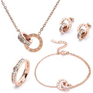 Parure Ensemble De Bijoux Femme Chiffres Romains Cercle Zircon Acier Inoxydable Plaqué Or Argent Boucles D'oreilles Bracelet Bague Collier Élégantes Mariage Soirée Cadeau (Or Rose).[G2] - Neuf