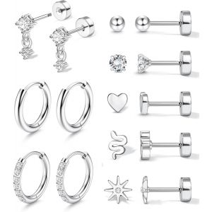 Kal-8 Paires Boucles D'oreilles Femme Acier Inoxydable Boucle D'oreille Femme Or 18 Carats Piercing Oreille Tragus, Boucles D Oreilles Créoles Cartilage Helix Piercing Oreille Homme,Or/Argent - Neuf