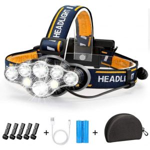 Lampe Frontale Led Rechargeable, Lampe Frontale Ultra Puissante À 8 Led 18 000 Lumens, Lampe Frontale Étanche Et Légère, Idéale Pour Le Camping, La Pêche, Les Grottes, Le Jogging Et La Randonnée - Neuf