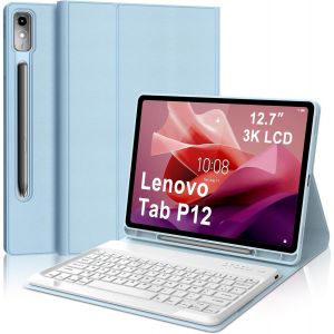 Coque Clavier Pour Lenovo Tab P12 12.7 Pouces, Azerty Fran&ccedil;ais Housse Clavier Bluetooth Magn&eacute;tique D&eacute;tachable Avec Porte Crayon Pour Tablette Lenovo Tab P12 12.7"" 2023 (Tb370fu), Bleu Ciel - Neuf