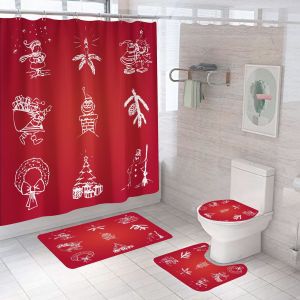 4 Pi&egrave;ces de No&euml;l Rideaux de Douche avec anti-D&eacute;rapant Tapis&iquest;Style B&iquest;, Couvercle des Toilettes et Tapis de Bain, Vintage Imperm&eacute;able salle de Bain Rideau de Douche avec 12 Crochets - Neuf
