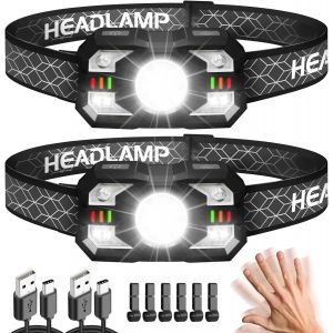 Lampe Frontale 2 Pièces,Lampe Frontale Led Ultra Puissante 2000 Lumens,Torche Frontale 10 Modes Ipx5 Étanche Rechargeable Usb Capteur De Mouvement,Pour Pêche,Camping,Cyclisme,Running - Neuf