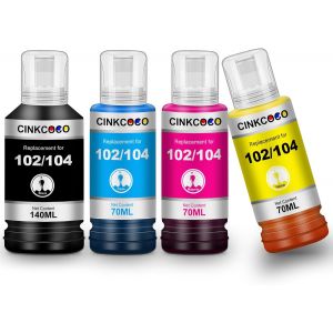 104 102 Encre Compatible avec Epson 104 102 Bouteille d'encre Multipack pour ET-1810 ET-2810 ET-2726 ET-2811 ET-2820 ET-2812 ET-2814 ET-2815 ET-2821 ET-2825 ET-2826 ET-4700 ET-4800 (B/C/M/Y) - Neuf
