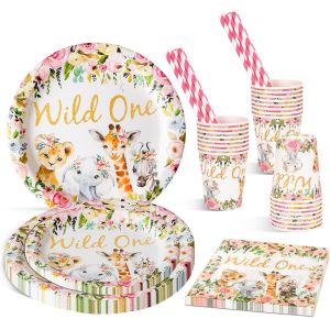 Ensemble De Vaisselle De Fête,First Party Pour 24 Personnes 120 Pièces De Vaisselle D'anniversaire En Papier Service De Table Pour Fille Sauvage Avec Animaux De La Jungle Safari Assiettes Serviettes - Neuf