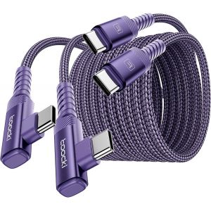 TRAHOO-C&acirc;ble USB C Coud&eacute; 60W, 3 M 2 PCS Cable USB C vers Type C 90 Degr&eacute;s Charge Rapide avec PD3.0 QC3.0 pour iPhone 17 Pro Max/16/16 Pro Max/15 MacBook iPad Galaxy S23/S22, Violet - Neuf