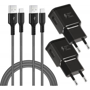 JGD-Chargeur Adaptateur et C&acirc;ble USB Type C en Nylon 2 m Adaptateur Charge Rapide Compatible avec Samsung Galaxy S22/S21/S20/S10/S9/S8/Note 20/10/9/8, Z Flip3 (Lot de 2) - Neuf