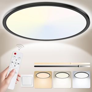 Plafonnier Led Dimmable, 24w 3000k-6500k 3200lm Plafonnier T&eacute;l&eacute;commande, Ip54 Luminaire Plafonnier Lampe Plafond Moderne Rond Pour Salle De Bain, Chambre, Cuisine, Salon, Balcon 29.5cm - Neuf