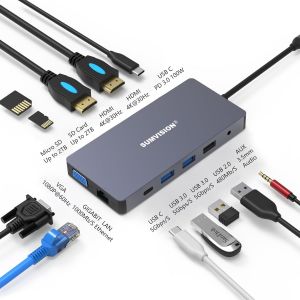 Adaptateur De Station D'Accueil Pour Hub Usb C 100 W Pd 12 En 1 Répartiteur Hdmi 4K Triple Affichage Vga Usb 3.0 Chargeur De Station D'Accueil Gigabit Lan Lecteur De Carte Micro S - Neuf