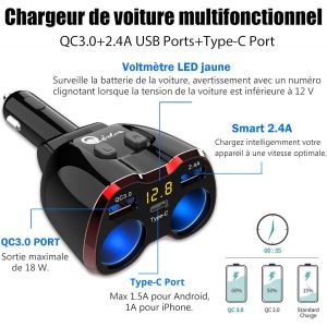 Adaptateur Allume-Cigare 150W,Chargeur de Voiture USB C et Double Prise QC3.0 Multi USB Voiture 12V/24V Adaptateur avec Commutateur Voltm&egrave;tre LED pour iPhone GPS Dashcam iPad Android - Neuf
