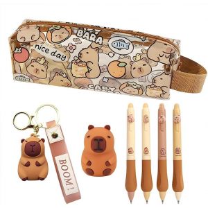 MAA-Set Di Cancelleria Capibara, 7 Pcs Astuccio Capybara Avec Grande Capacité, Porte Clés, taille-crayon,Stylo Neutre,Ensemble De Papeterie Mignon Pour Le Bureau/l'École/Les Étudiants/Les Enfants - Neuf