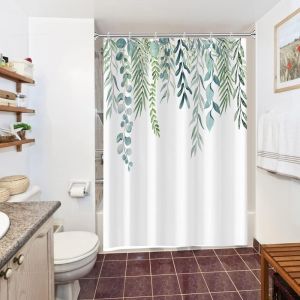 Tianyi-Rideau Douche Anti Moisissure, Rideau De Douche 150x180cm Feuilles D'eucalyptus Vert Motif Rideaux De Baignoire Tissu Lavable Imperm&eacute;able Polyester Rideaux Salle De Bain Avec 10 Crochets - Neuf