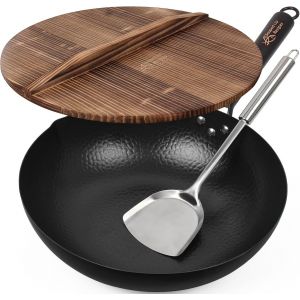 Jexnovashop-Po&ecirc;le &Agrave; Frire 34 Cm/7 L - Po&ecirc;le Chinoise En Acier Au Carbone Pour Cuisini&egrave;res &Eacute;lectriques &Agrave; Induction (Couvercle, Spatule Et Guide D'utilisation Inclus) - Neuf