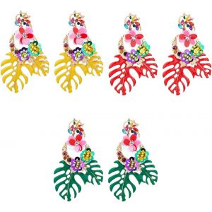 Kal-3 Paires De Boucles D'oreilles Pendantes En Forme De Feuille Colorée Et De Fleurs À Paillettes Boucles D'oreilles Pendantes En Forme De Feuille Tropicale Boucles D'oreilles En Strass - Neuf