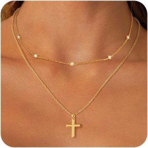 KAL-Collier Croix Femme Chrétienne Chaîne Courte Crucifix Rigide Léger Mince Petit - Neuf