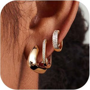 3 Pairs Gold Hoop Earrings For Women, 14k Gold Plated Small Cz Earrings For Multiple Piercing, Hypoallergenic Silver 925 Gold Chunky Earrings - Neuf