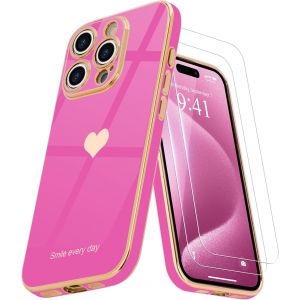 Kal-Coque Pour Iphone 15 Pro En Silicone Galvanisé Or Ultra Mince Avec Motif Coeur D'amour Mignon Housse Étui De Protection Complète Du Corps Antichoc Pour Iphone 15 Pro, Rose Pink - Neuf