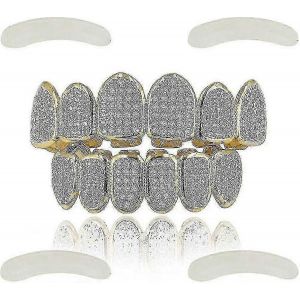 Plaqué Or 18 Carats Tout Glacé Oxyde Cubique De Luxe Visage Diamant Dents En Or Grillz Ensemble Avec Barres De Moulage Supplémentaires Incluses F-Xg1644 - Neuf