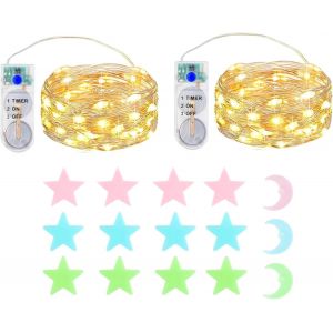KAL-2X2M 20 Led Mini Guirlande Lumineuse Int&eacute;rieur Ext&eacute;rieur Avec Batterie De Minuterie Pour F&ecirc;te Mariage No&euml;l &Eacute;clairage D&eacute;cor, Avec &Eacute;toiles Fluorescent Stickers Muraux - Neuf