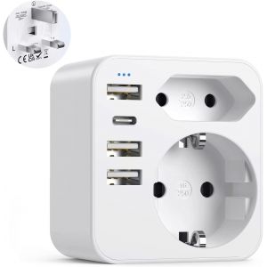 JGD-6 en 1 Prise Anglaise avec 3 Ports USB et 1 Type C (3,4A) et 2 Prises,Adaptateur Type G France vers UK pour Angleterre,Irlande, &Eacute;cosse,Dubai - Neuf