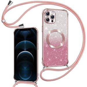 TRAHOO-Couqe Magn&eacute;tique pour iPhone 12 Pro Max Con Cordon, Compatible avec MagSafe, Brillant Glitter Paillet&eacute; Antichoc Durable R&eacute;sistante Etui Soft TPU Bumper Housse pour iPhone 12 Pro Max, Rose - Neuf