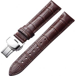 Bracelet De Montre En Cuir Femme Homme 23 Mm Bracelet De Remplacement Avec Boucle De Déploiement Papillon - Marron-Boucle Argentée - Neuf