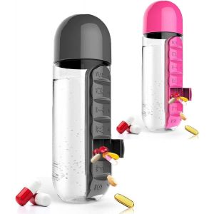 Pilulier/Flacon Portable 2 En 1 - 600 Ml (Rose Et Noir) - Neuf