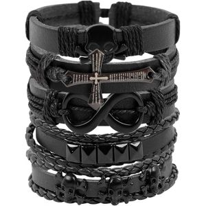 Eryi-Bracelet En Cuir Synthétique Homme Avec Croix Tête De Mort Punk Bracelets En Cuir Homme Rock - Neuf