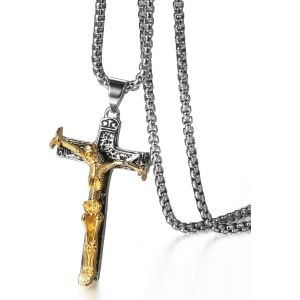 Kal-Collier Acier Inoxydable Homme Garçon Pendentif Crâne Croix Jésus Tête De Mort Collier Punk Rock Motard Biker Couleur Argent Fantaisie Cadeau Parfait - Neuf