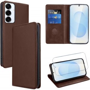 Kal-Coque Cuir Pour Samsung Galaxy S25 6.2"" Avec 1 Verre Trempé Etui À Rabat En Pu Porte-Cartes Portefeuille Support Flip Housse Magnétique Antichoc Anti-Rayures Case,Marron - Neuf