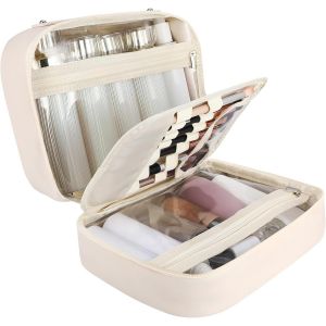 TIANYI-Grande trousse de maquillage pour femme - En cuir synthétique - Étanche - Avec poignée et séparateur, Blanc abricot blanc laiteux, Trousse de toilette 3 en 1 - Neuf